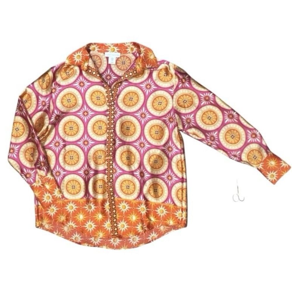 House of Harlow Top Satin Silky Geometric Mod Retro Boho Button Up Shirt Size S